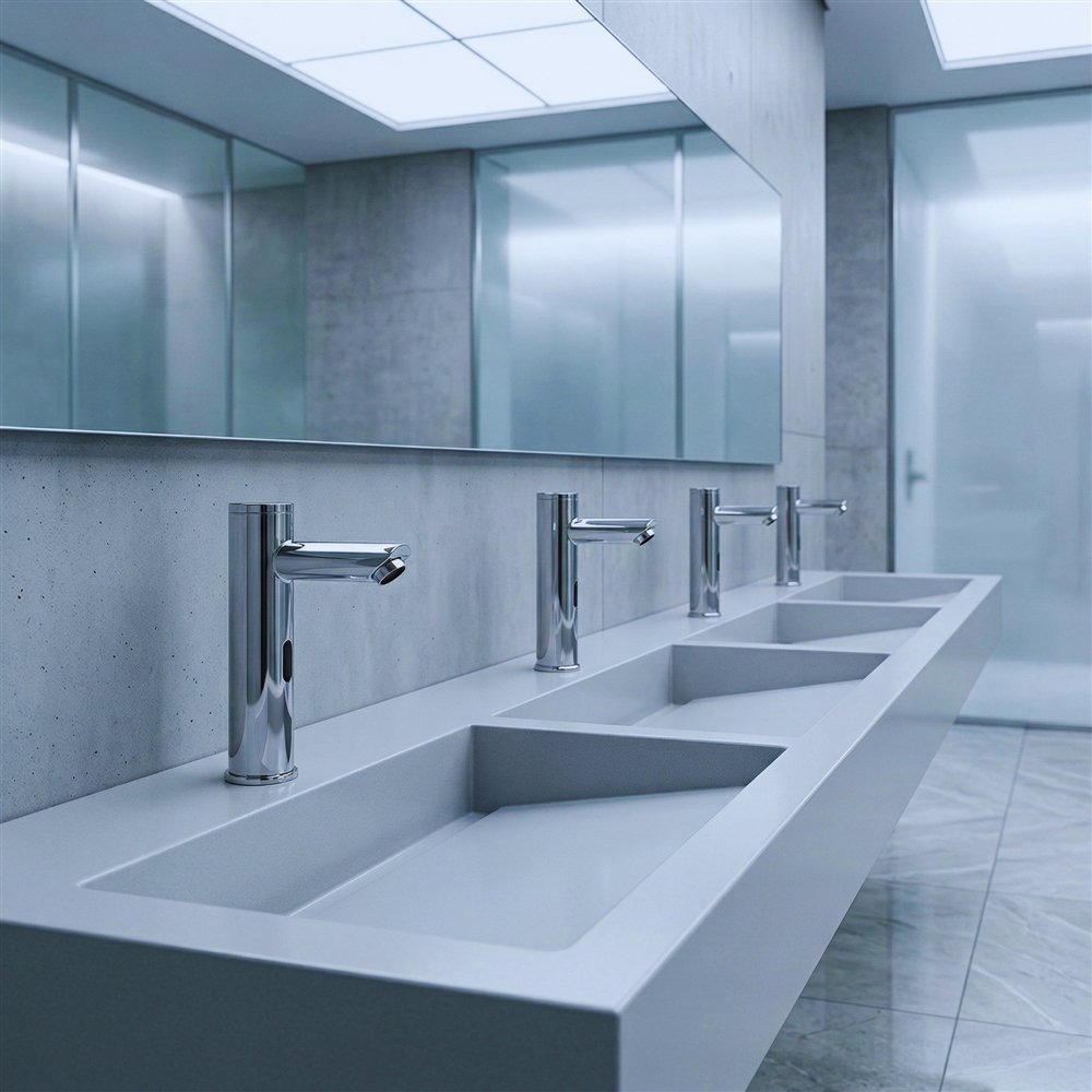 Moderate reflectance faucet finish controlling glare and improving light bounce at the sink