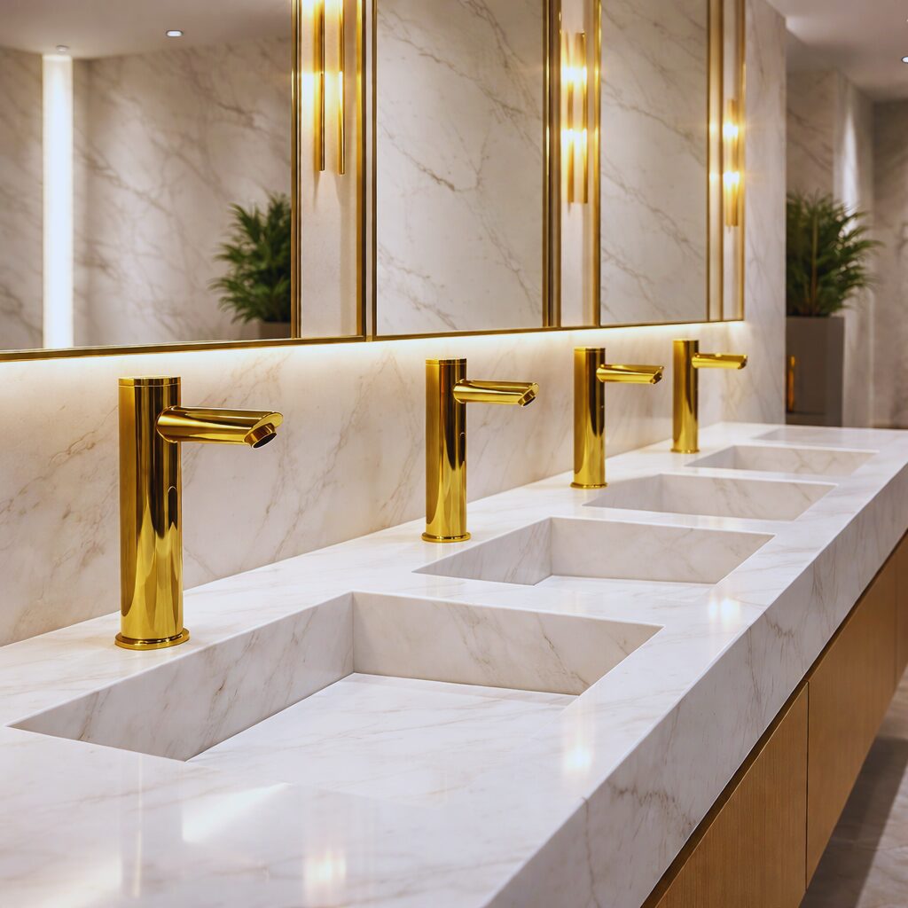Touchless faucet finishes showing different gloss and reflectance levels