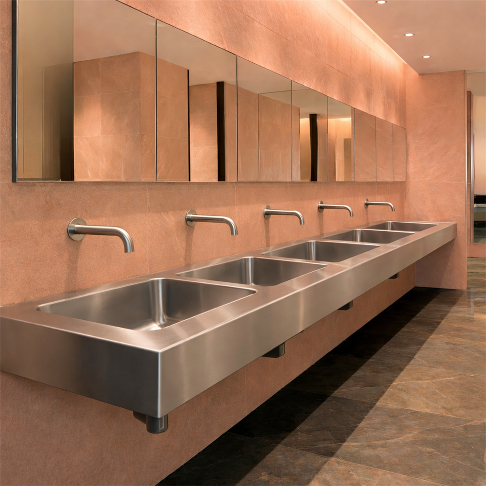Brushed nickel touchless faucet for understated luxury hospitality bathrooms