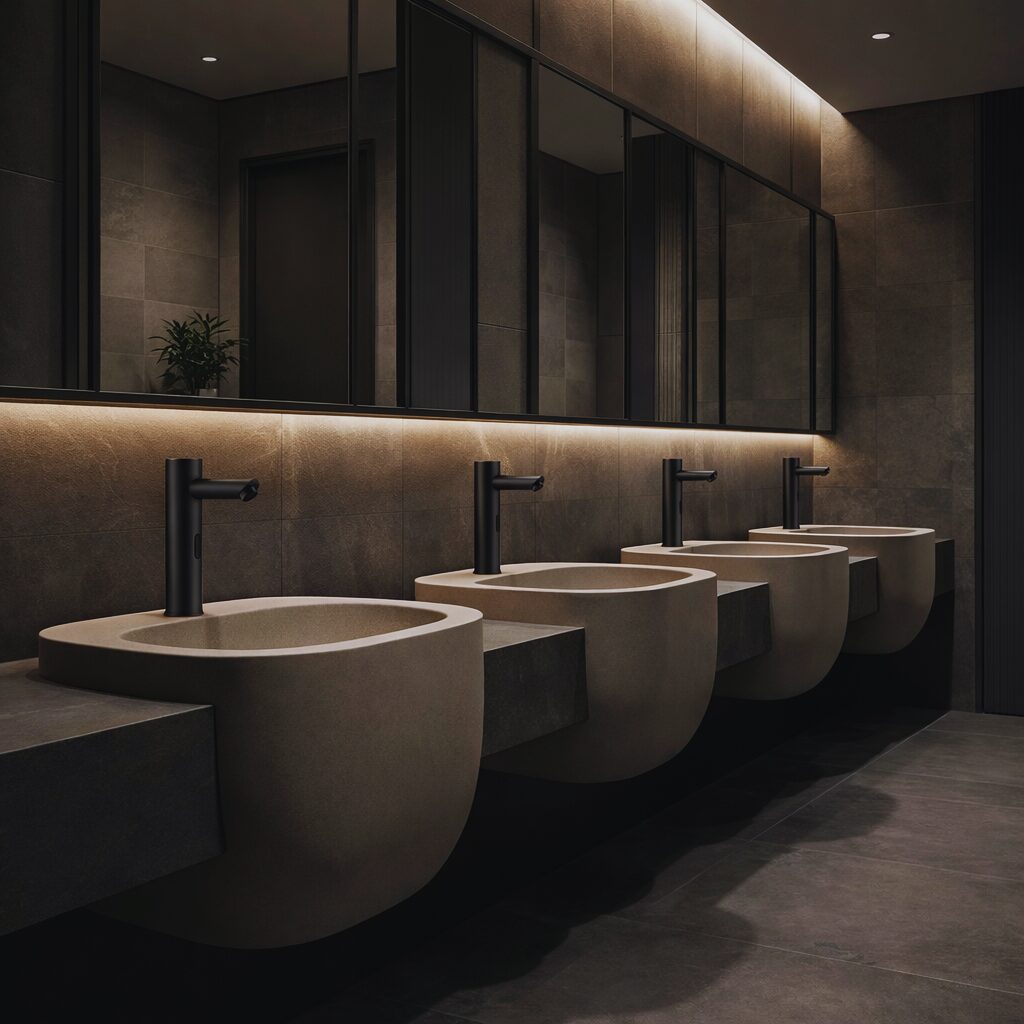Polished chrome touchless faucet for timeless luxury hotel restroom interiors