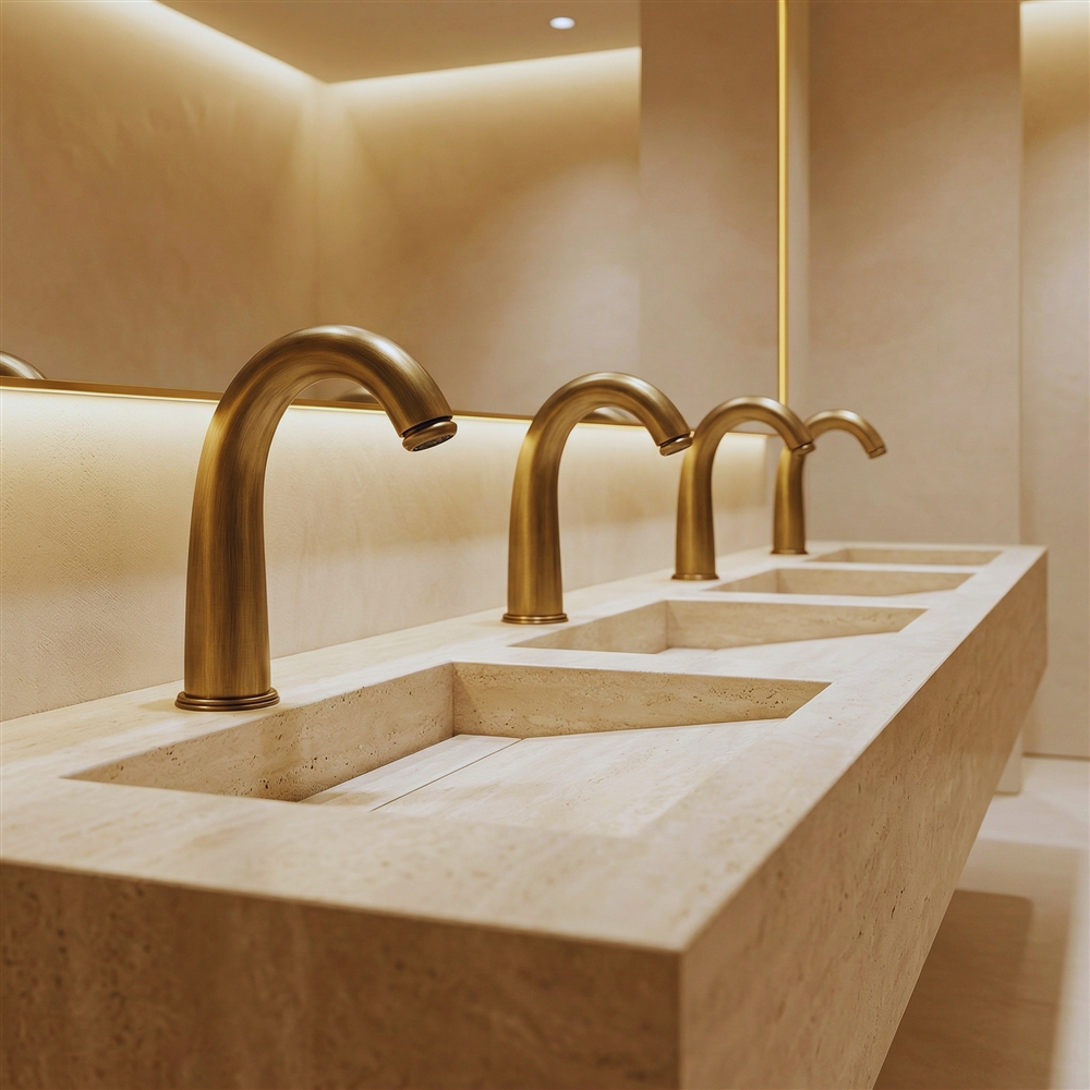 Water-saving touchless faucet flow control for commercial hospitality restrooms