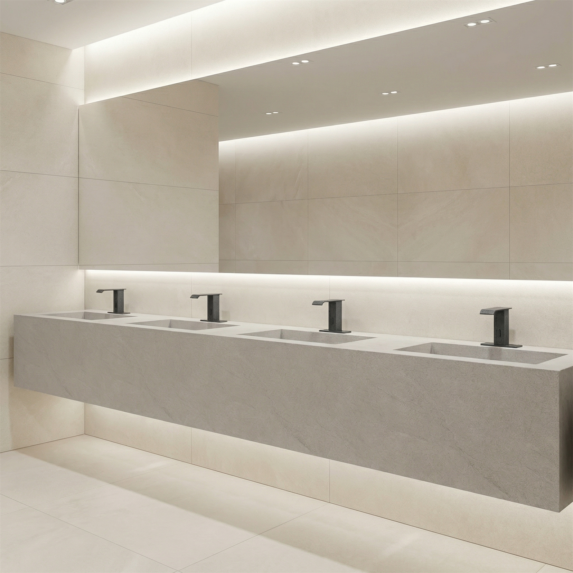 Commercial touchless bathroom faucet with infrared sensor technology in modern restroom design